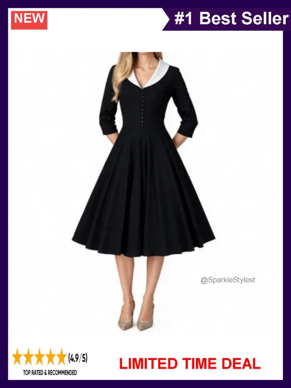 1950s Vintage Swing Dress Cape Collar Stretchy Retro Cocktail